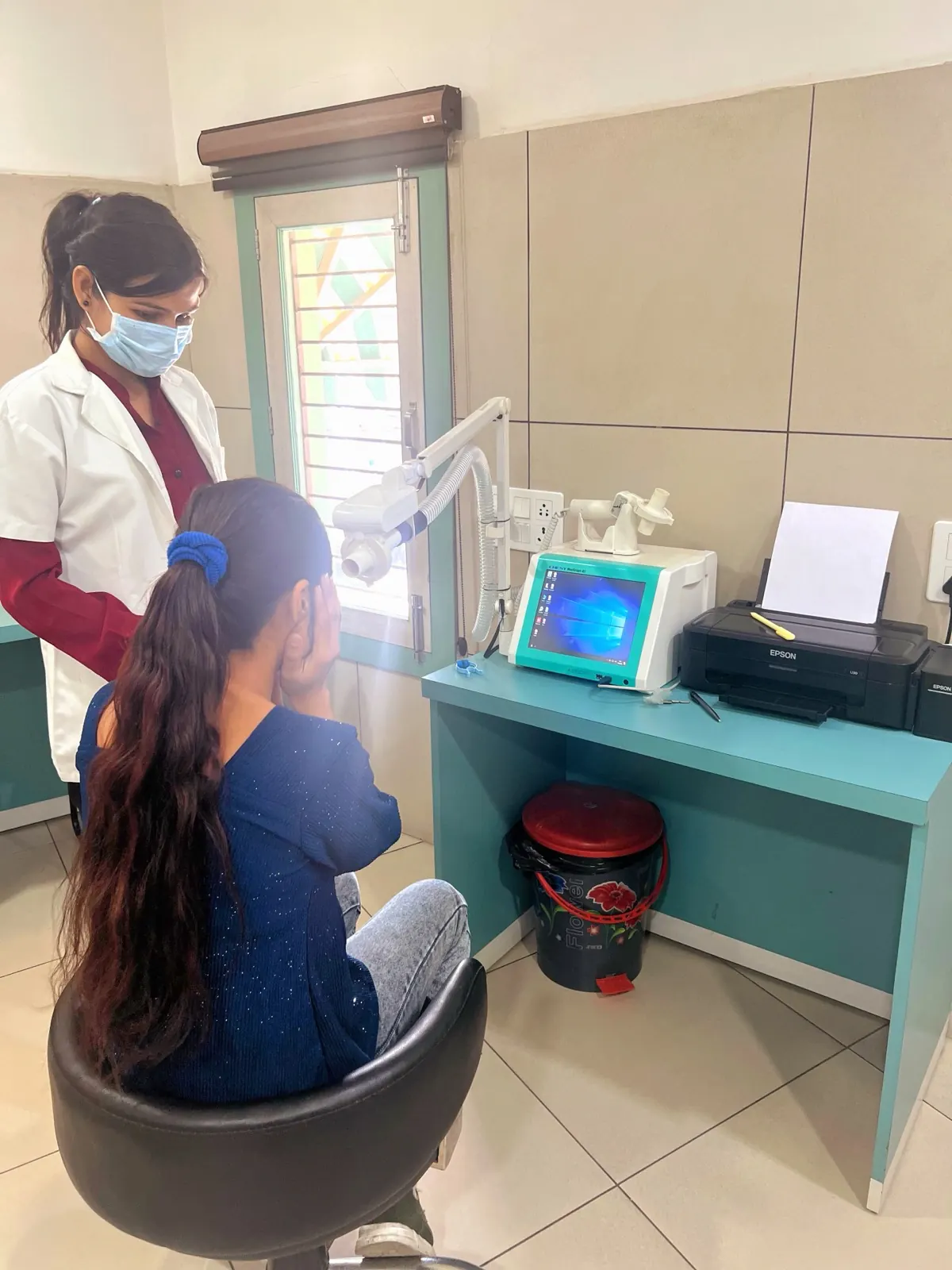 A breathing test in the lung-function lab
